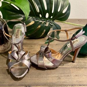 Pewter Badgley Mishka heels with bow